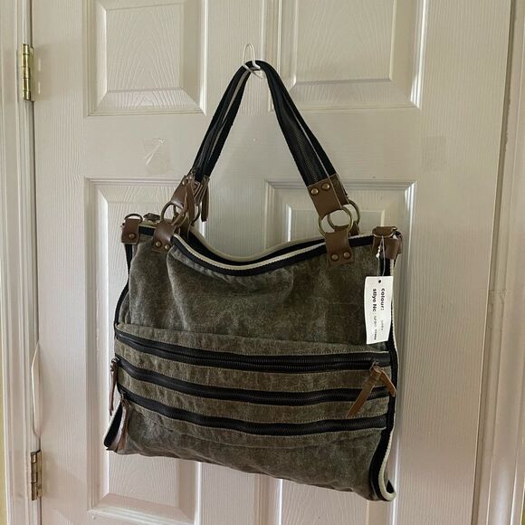 Uddini  grey distressed canvas large tote with brown faux leather trims - Picture 2 of 14